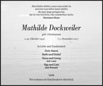 Traueranzeige von Mathilde Dockweiler von Nordfriesland Tageblatt