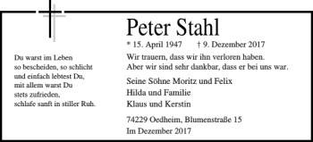 Traueranzeige von Peter Stahl von Norddeutsche Rundschau