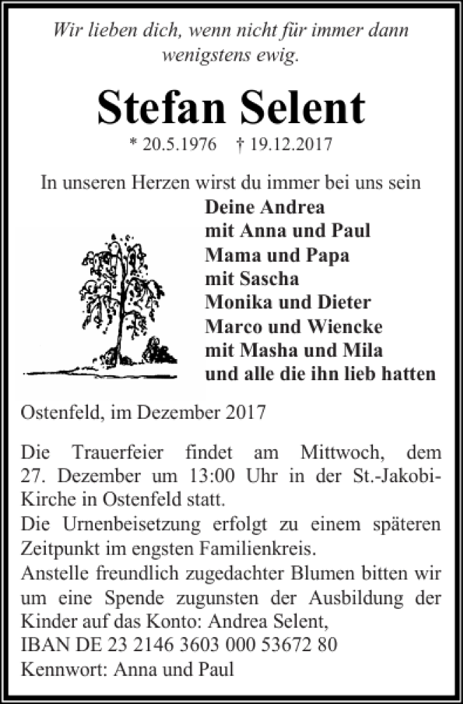  Traueranzeige für Stefan Selent vom 23.12.2017 aus Landeszeitung