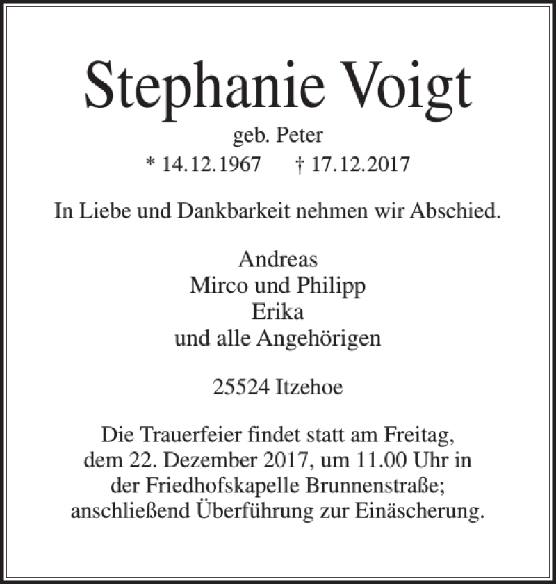  Traueranzeige für Stephanie Voigt vom 20.12.2017 aus Norddeutsche Rundschau