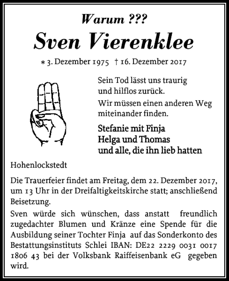  Traueranzeige für Sven Vierenklee vom 19.12.2017 aus Norddeutsche Rundschau