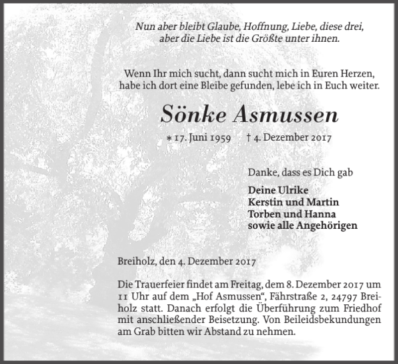  Traueranzeige für Sönke Asmussen vom 06.12.2017 aus Landeszeitung