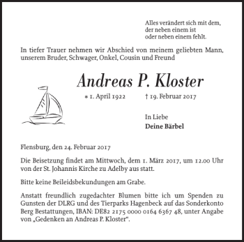 Traueranzeige von Andreas P. Kloster von Flensburger Tageblatt