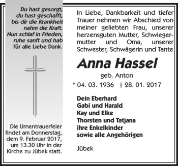 Traueranzeige von Anna Hassel von Flensburger Tageblatt