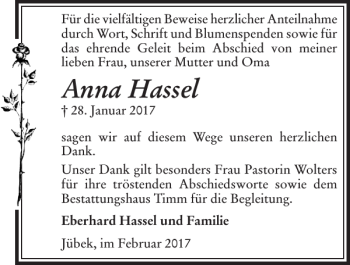 Traueranzeige von Anna Hassel von Schleswiger Nachrichten