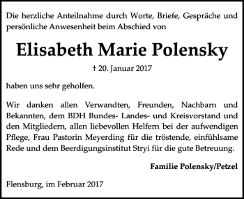 Traueranzeige von Elisabeth Marie Polensky von Flensburger Tageblatt