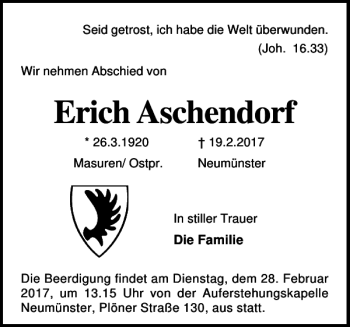 Traueranzeige von Erich Aschendorf von Holsteinischer Courier