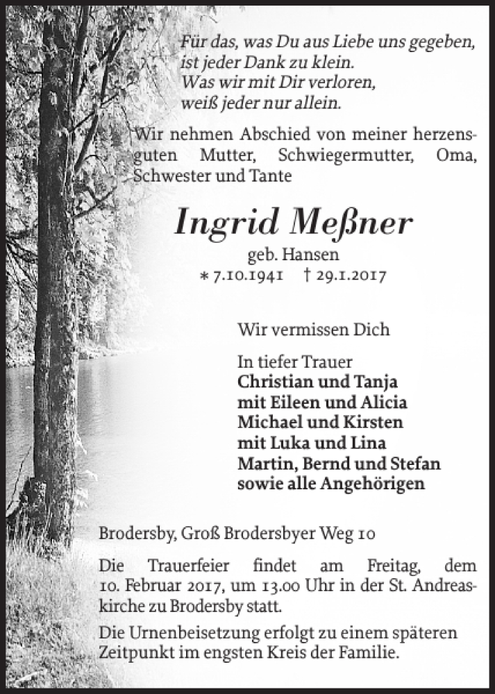  Traueranzeige für Ingrid Meßner vom 04.02.2017 aus Schleswiger Nachrichten