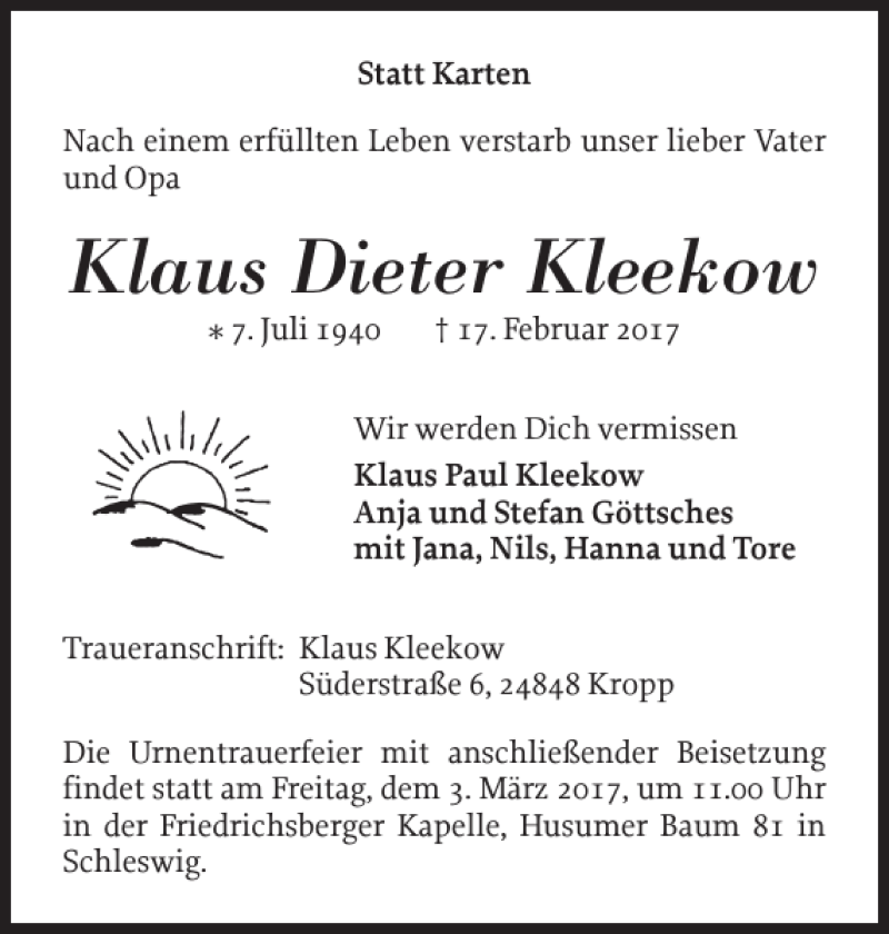  Traueranzeige für Klaus Dieter Kleekow vom 25.02.2017 aus Schleswiger Nachrichten