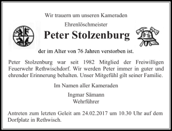 Traueranzeige von Peter Stolzenburg von Stormarner Tageblatt