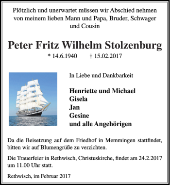 Traueranzeige von Peter Fritz Wilhelm Stolzenburg von Stormarner Tageblatt