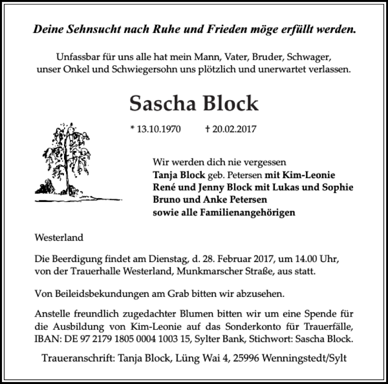  Traueranzeige für Sascha Block vom 25.02.2017 aus Sylter Rundschau