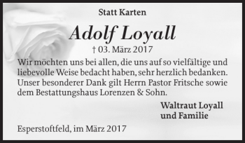 Traueranzeige von Adolf Loyall von Schleswiger Nachrichten
