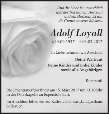 Traueranzeige von Adolf Loyall von Schleswiger Nachrichten