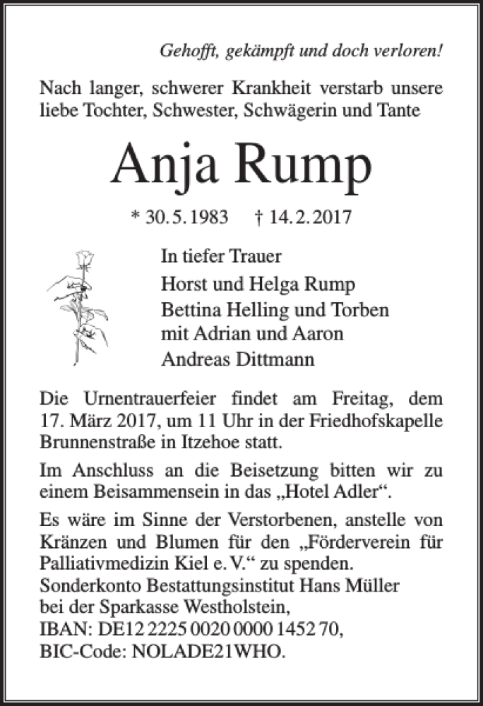  Traueranzeige für Anja Rump vom 11.03.2017 aus Norddeutsche Rundschau