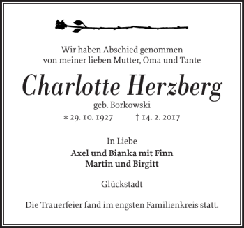 Traueranzeige von Charlotte Herzberg von Norddeutsche Rundschau