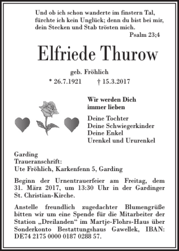 Traueranzeige von Elfriede Thurow von Husumer Nachrichten