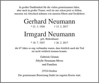 Traueranzeige von Gerhard Neumann Irmgard Neumann von Norddeutsche Rundschau