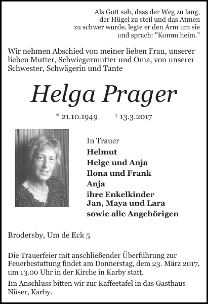  Traueranzeige für Helga Prager vom 18.03.2017 aus Schlei-Bote