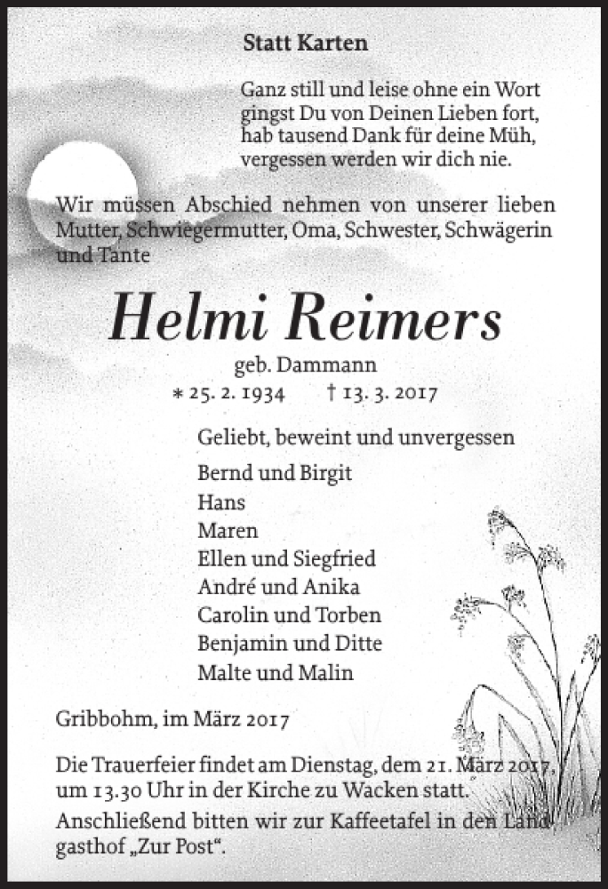  Traueranzeige für Helmi Reimers vom 18.03.2017 aus Norddeutsche Rundschau