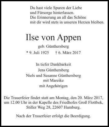 Traueranzeige von Ilse von Appen von Pinneberger Tageblatt