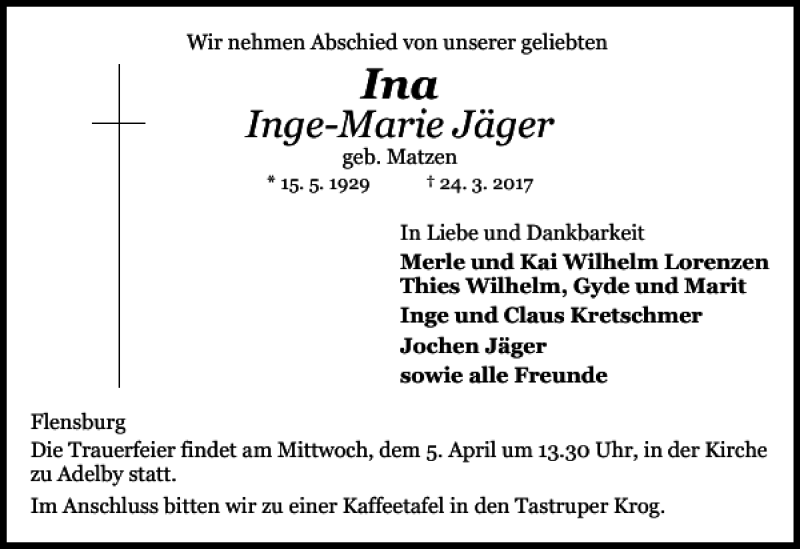  Traueranzeige für Inge-Marie Jäger vom 29.03.2017 aus Flensburger Tageblatt