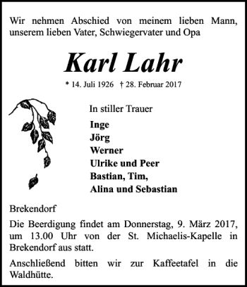 Traueranzeige von Karl Lahr von Landeszeitung