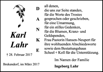 Traueranzeige von Karl Lahr von Eckernförder Zeitung
