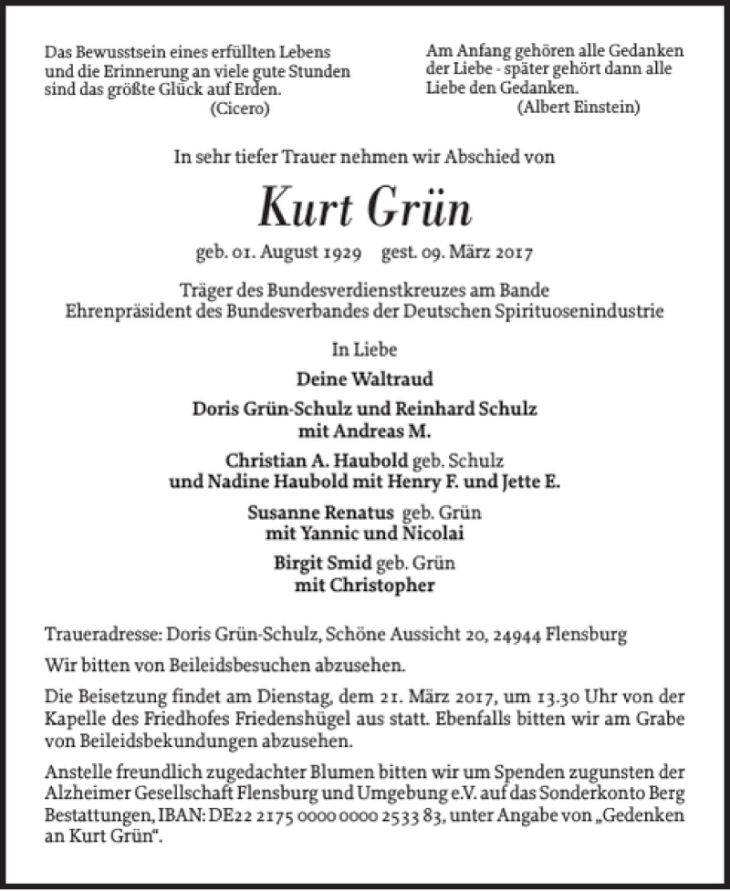  Traueranzeige für Kurt Grün vom 14.03.2017 aus Flensburger Tageblatt