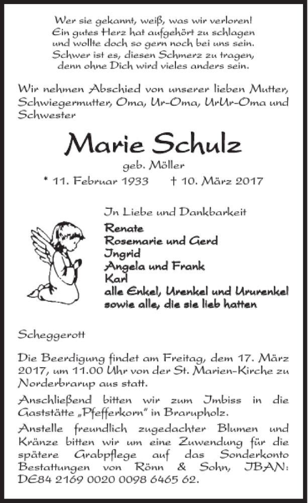  Traueranzeige für Marie Schulz vom 14.03.2017 aus Schleswiger Nachrichten