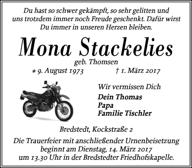  Traueranzeige für Mona Stackelies vom 04.03.2017 aus Husumer Nachrichten
