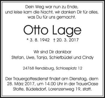 Traueranzeige von Otto Lage von Landeszeitung