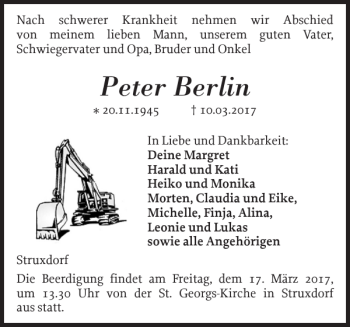 Traueranzeige von Peter Berlin von Schleswiger Nachrichten