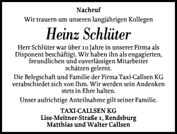 Traueranzeige von Rolf Schönau Heinz Schlüter von Landeszeitung