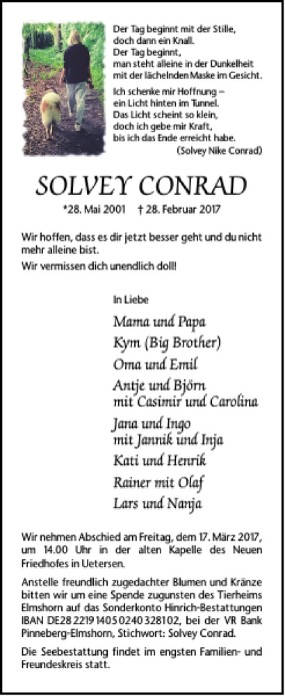  Traueranzeige für SOLVEY CONRAD vom 11.03.2017 aus Elmshorner Nachrichten