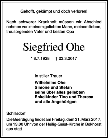 Traueranzeige von Siegfried Ohe von Holsteinischer Courier