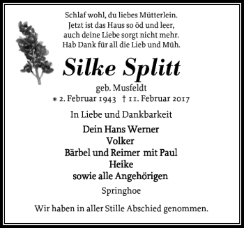 Traueranzeige von Silke Splitt von Norddeutsche Rundschau