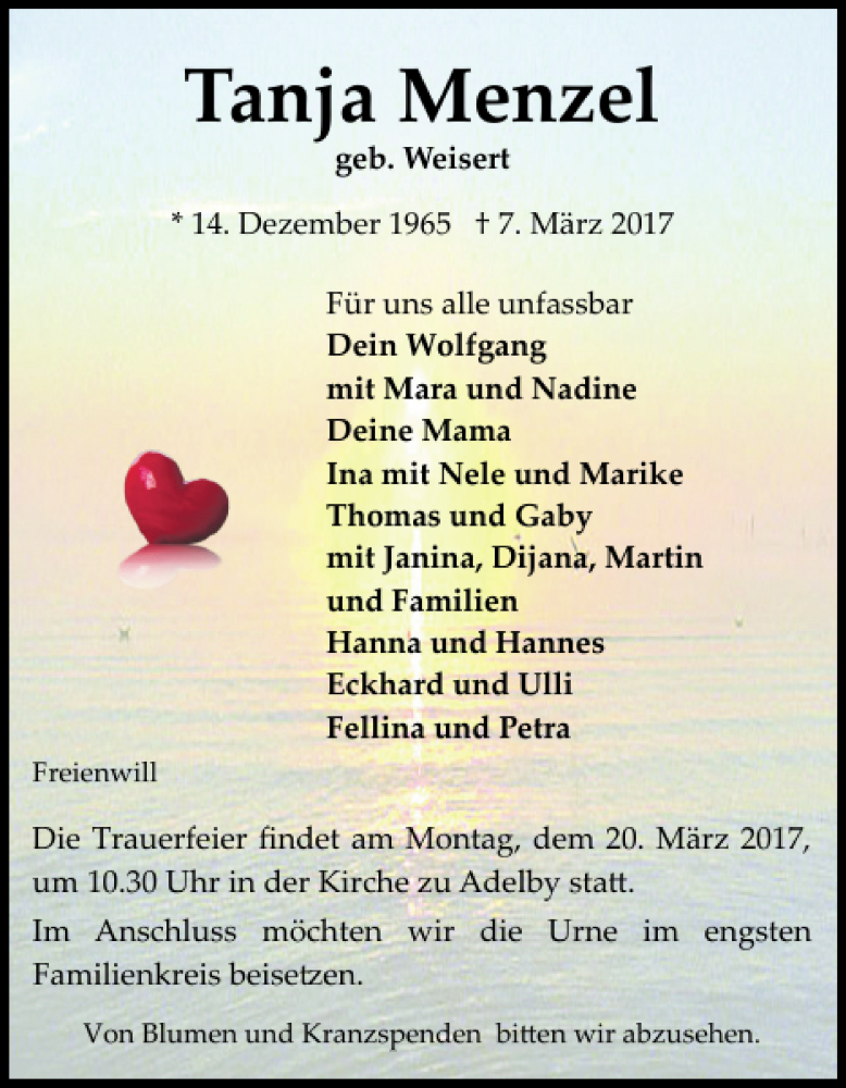  Traueranzeige für Tanja Menzel vom 11.03.2017 aus Flensburger Tageblatt