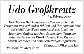 Traueranzeige von Udo Großkreutz von Husumer Nachrichten