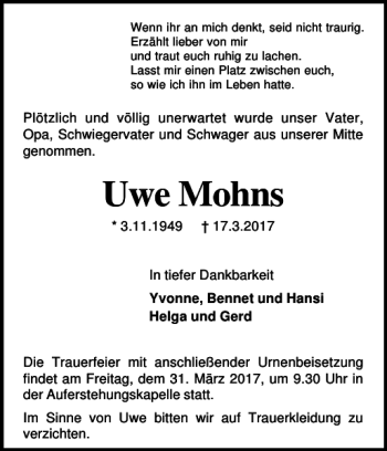 Traueranzeige von Uwe Mohns von Holsteinischer Courier
