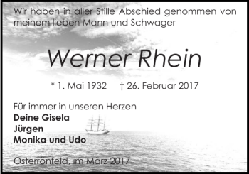 Traueranzeige von Werner Rhein von Landeszeitung