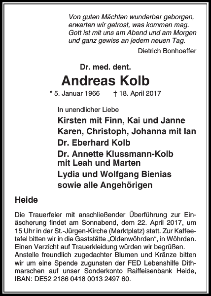  Traueranzeige für Andreas Kolb vom 21.04.2017 aus Husumer Nachrichten