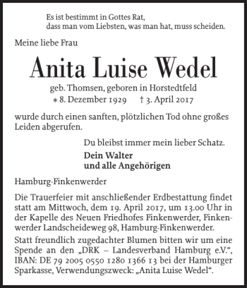 Traueranzeige von Anita Luise Wedel von Husumer Nachrichten