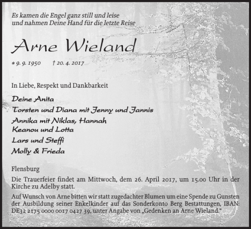  Traueranzeige für Arne Wieland vom 24.04.2017 aus Flensburger Tageblatt