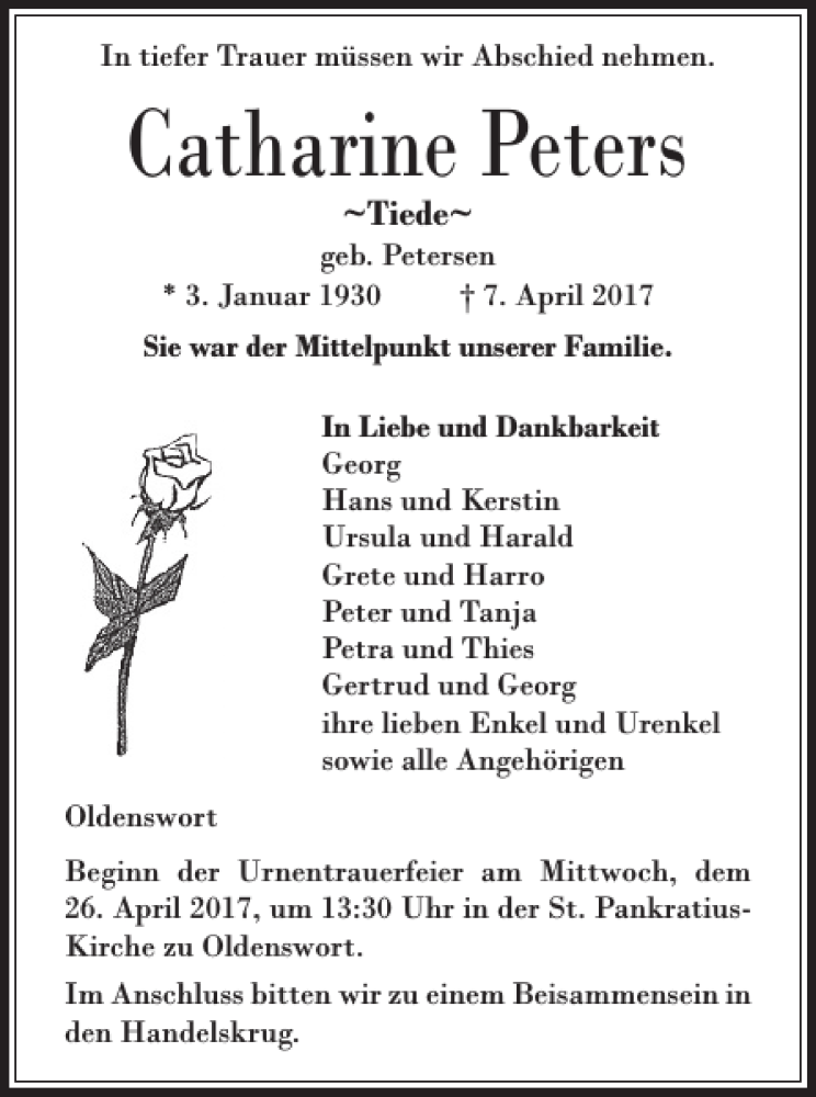  Traueranzeige für Catharine Peters vom 18.04.2017 aus Husumer Nachrichten