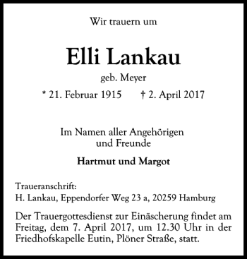 Traueranzeige von Elli Lankau von Ostholsteiner Anzeiger