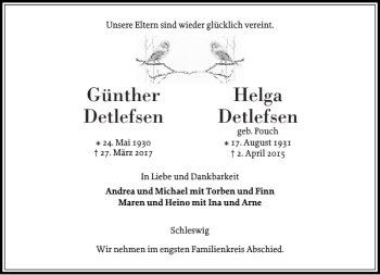 Traueranzeige von Günther Detlefsen Helga Detlefsen von Schleswiger Nachrichten