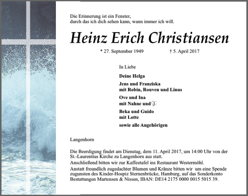  Traueranzeige für Heinz Erich Christiansen vom 08.04.2017 aus Flensburger Tageblatt