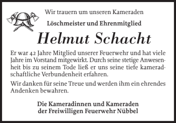 Traueranzeige von Helmut Schacht von Landeszeitung