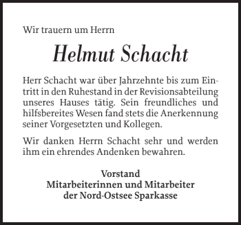 Traueranzeige von Helmut Schacht von Landeszeitung